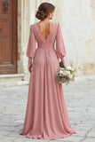 Dusty Rose V-Neck Maxi A Line Bridesmaid Dress with Sleeves