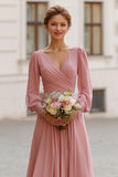 Dusty Rose V-Neck A Line Maxi Bridesmaid Dress with Sleeves
