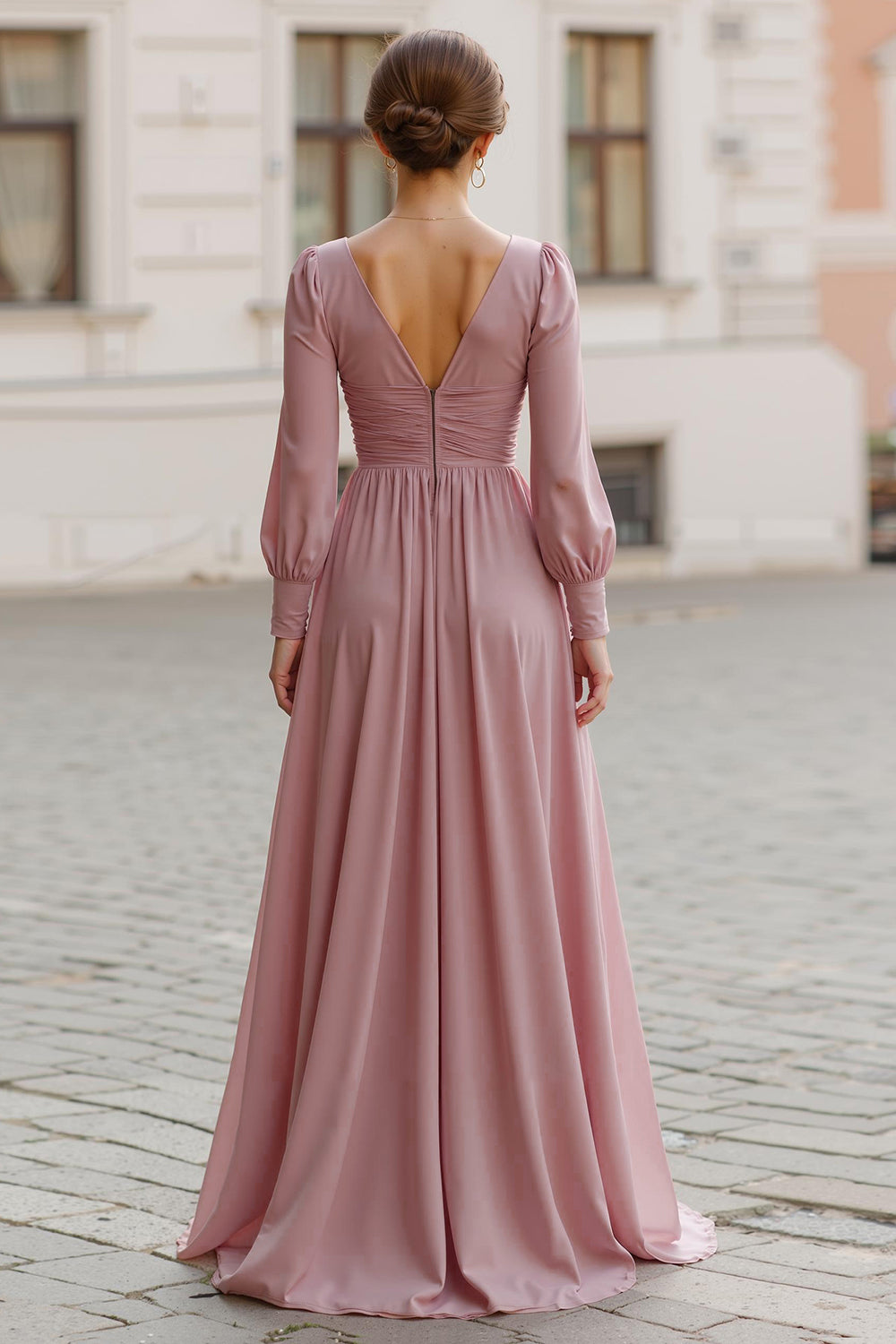 Dusty Rose V-Neck A Line Maxi Bridesmaid Dress with Sleeves