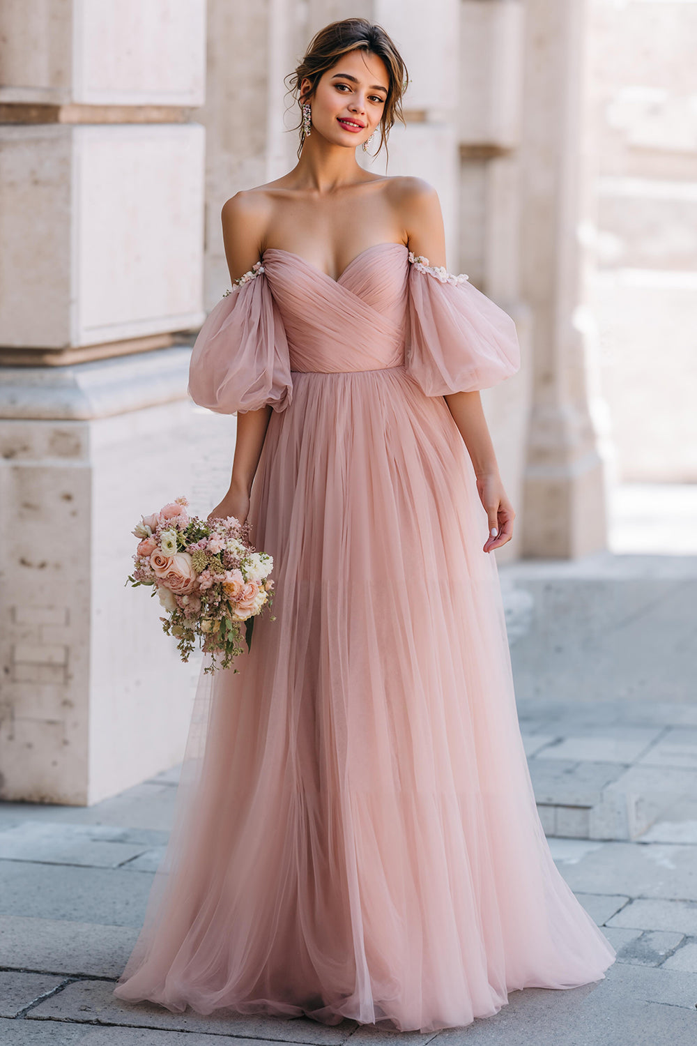 Dusty Rose Long A Line Off the Shoulder Bridesmaid Dress with Sleeves