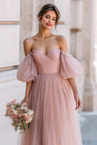 Dusty Rose Long A Line Off the Shoulder Bridesmaid Dress with Sleeves