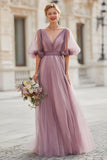 Vintage Mauve V-Neck A Line Long Bridesmaid Dress with Sleeves