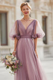 Vintage Mauve V-Neck A Line Long Bridesmaid Dress with Sleeves