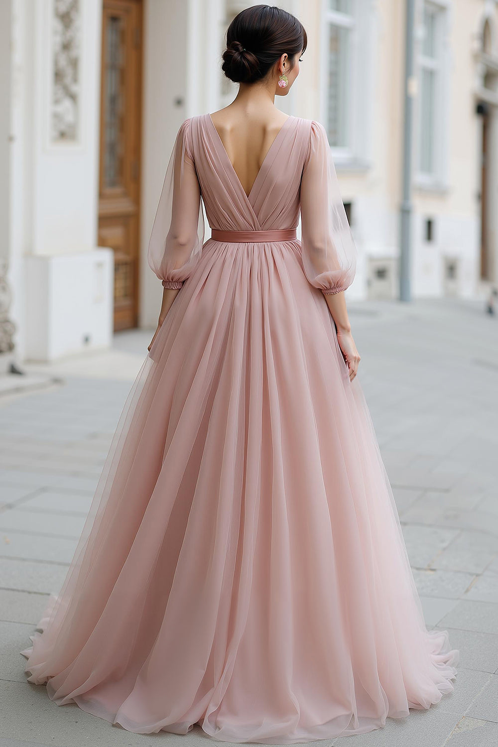 Dusty Rose A Line V-Neck Maxi Bridesmaid Dress with Sleeves