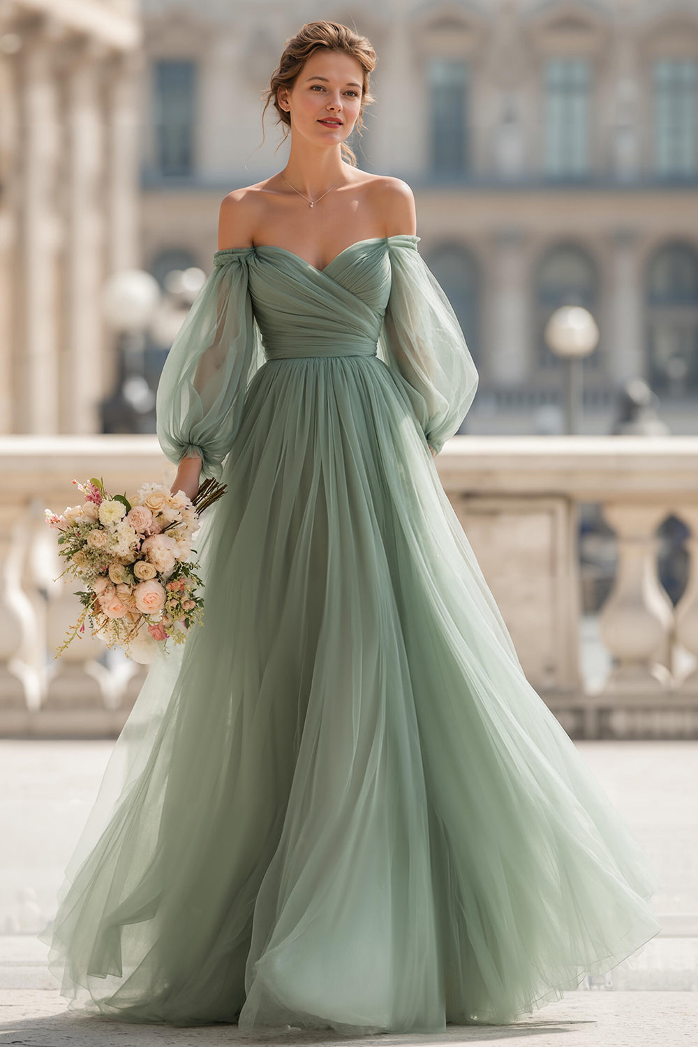 Eucalyptus Long Off the Shoulder A Line Bridesmaid Dress with Sleeves
