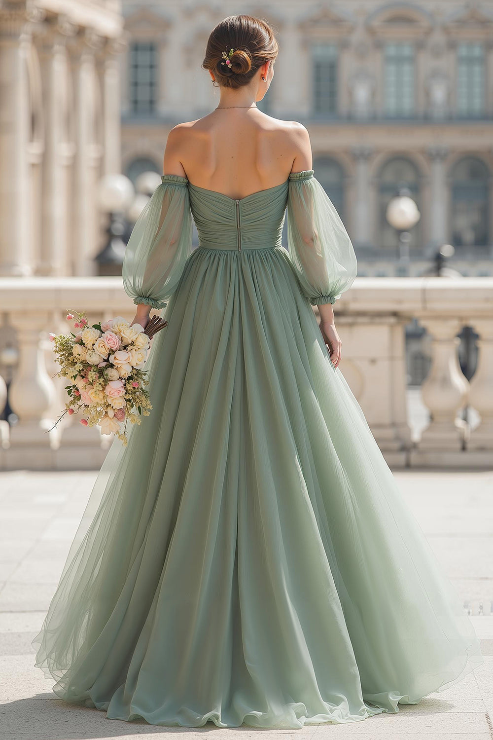 Eucalyptus Long Off the Shoulder A Line Bridesmaid Dress with Sleeves