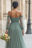 Eucalyptus Off the Shoulder Long A Line Bridesmaid Dress with Sleeves