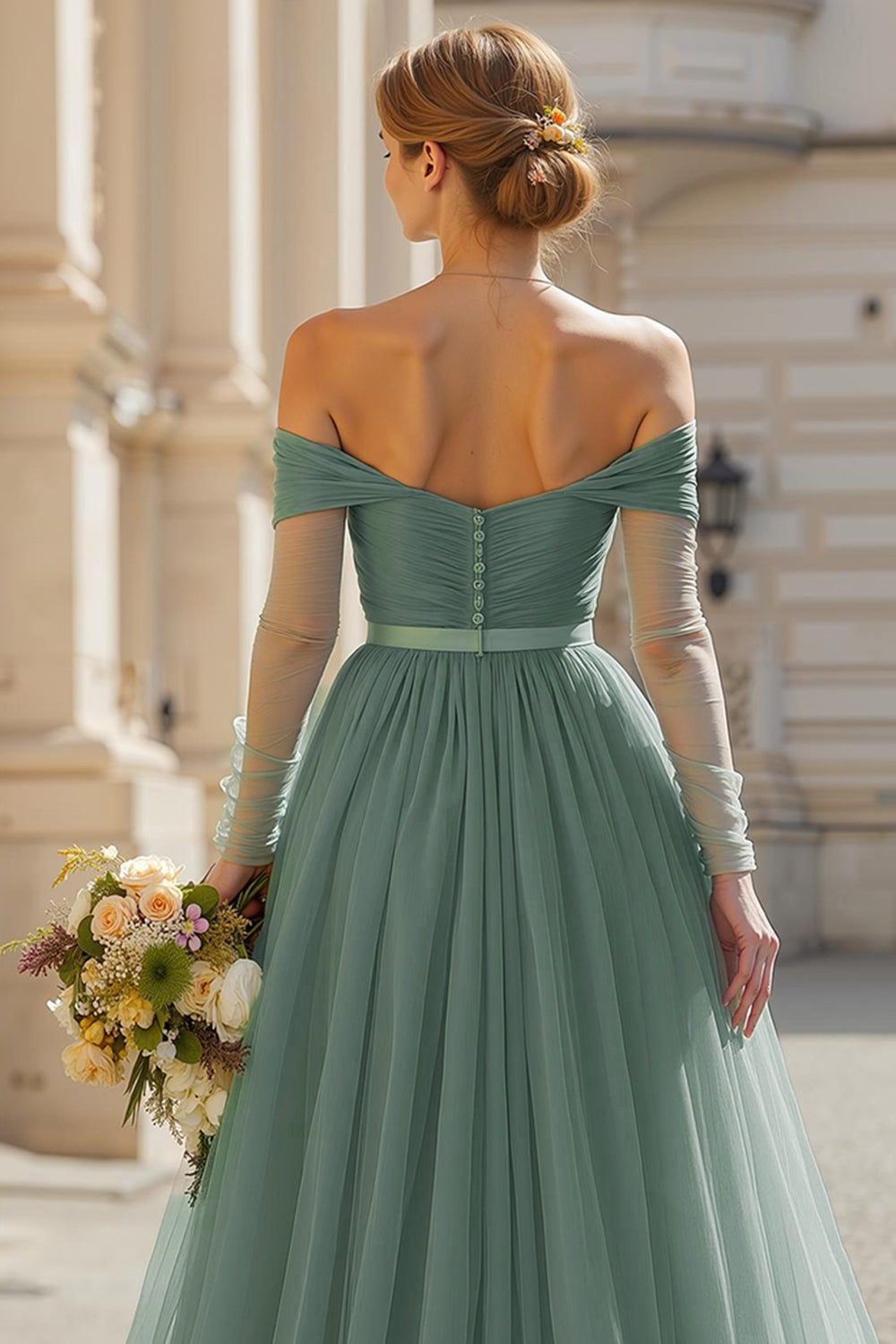 Eucalyptus A Line Long Off the Shoulder Bridesmaid Dress with Sleeves