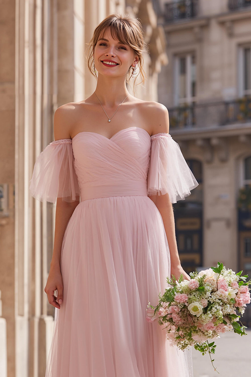 Blush Pink Long Off the Shoulder A Line Bridesmaid Dress