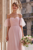 Blush Pink Long Off the Shoulder A Line Bridesmaid Dress