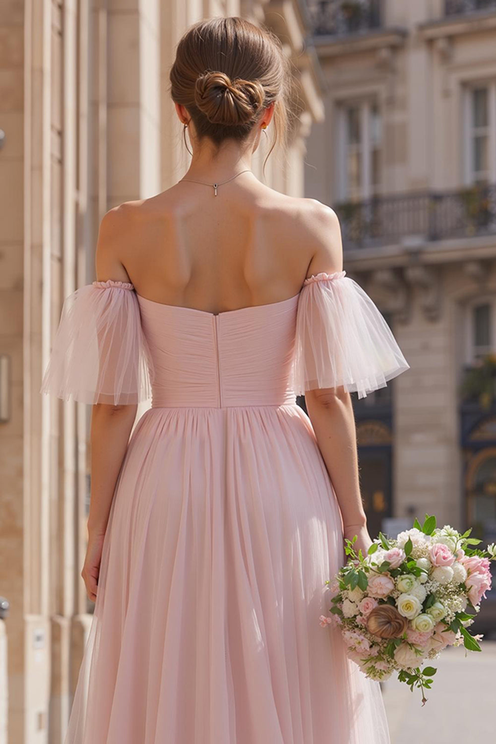 Blush Pink Long Off the Shoulder A Line Bridesmaid Dress