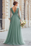 Eucalyptus A Line V-Neck Maxi Bridesmaid Dress with Long Sleeves