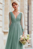 Eucalyptus A Line V-Neck Maxi Bridesmaid Dress with Long Sleeves