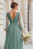 Eucalyptus A Line V-Neck Maxi Bridesmaid Dress with Long Sleeves