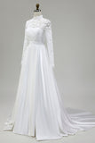 Ivory A-Line High Neck Satin Wedding Dress with Lace