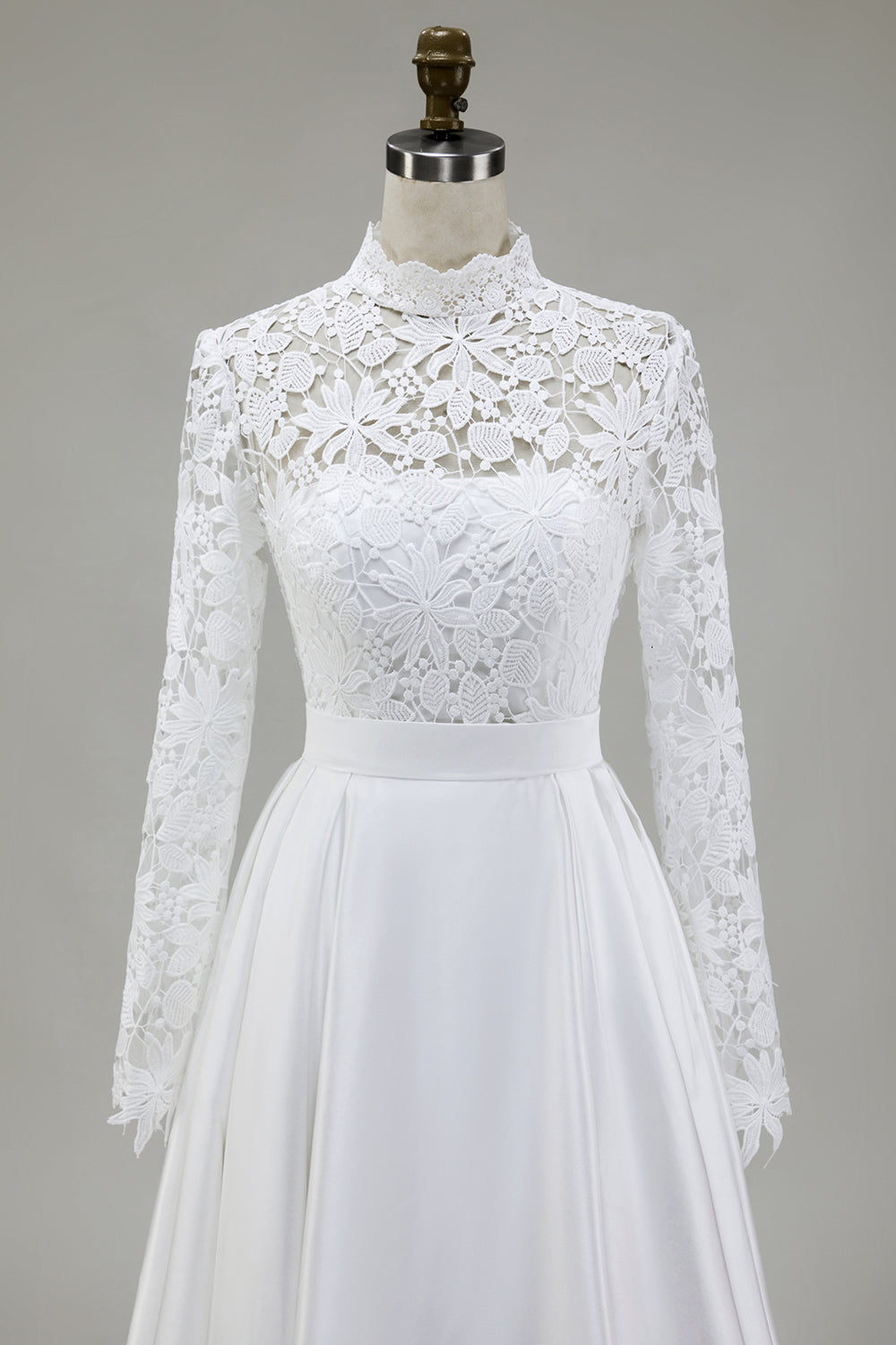 Ivory A-Line High Neck Satin Wedding Dress with Lace