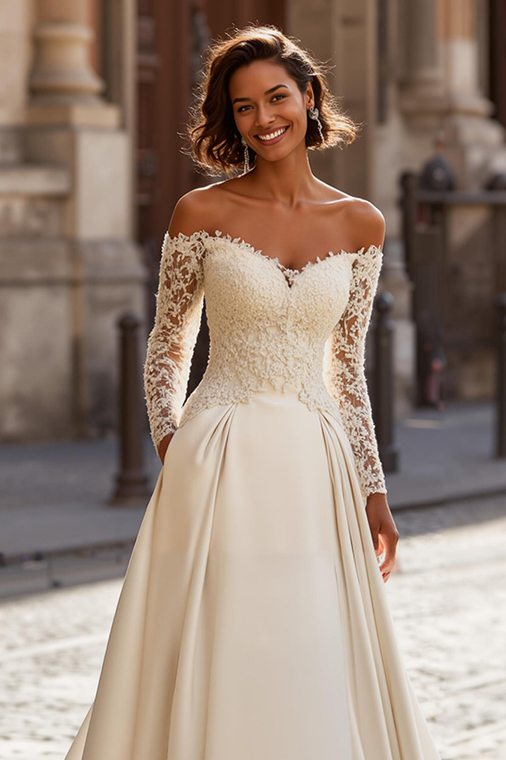 Off the Shoulder A-Line Ivory Lace Appliqued Sweep Train Wedding Dress