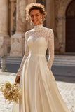 Ivory A-Line High Neck Lace Appliqued Sweep Train Wedding Dress