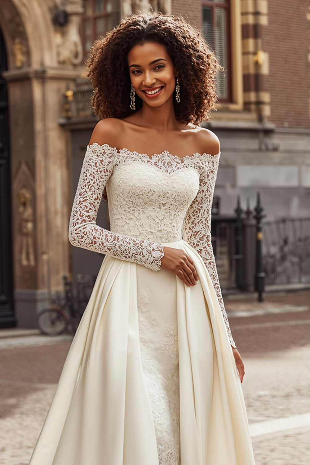 A-Line Ivory Off the Shoulder Lace Appliqued Sweep Train Wedding Dress