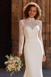 Ivory Mermaid High Neck Lace Appliqued Sweep Train Wedding Dress