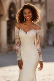 Off the Shoulder Ivory Mermaid Lace Appliqued Court Train Wedding Dress
