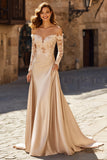 Champagne Mermaid Off the Shoulder Lace Appliqued Court Train Wedding Dress