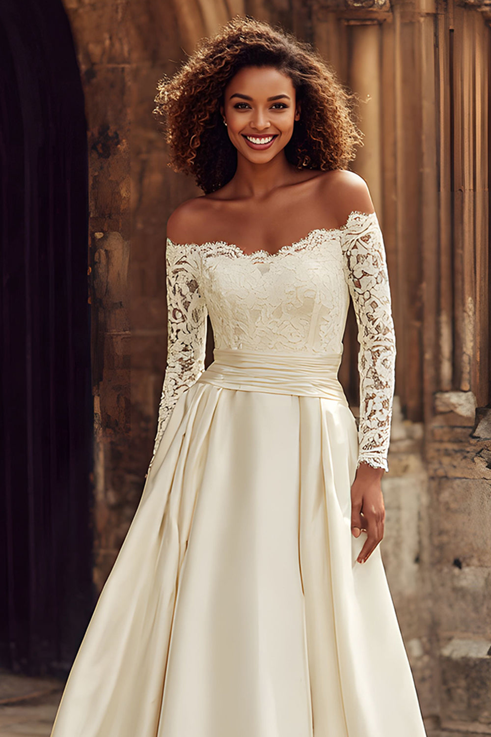 A-Line Off the Shoulder Ivory Lace Appliqued Sweep Train Wedding Dress