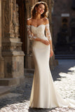 Off the Shoulder Mermaid Ivory Lace Appliqued Court Train Wedding Dress