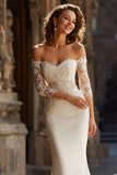 Off the Shoulder Mermaid Ivory Lace Appliqued Court Train Wedding Dress