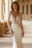 Ivory V-Neck Mermaid Court Train Long Sleeves Wedding Dress