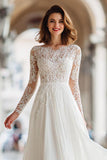 Ivory Lace A Line Long Sleeve Wedding Dress