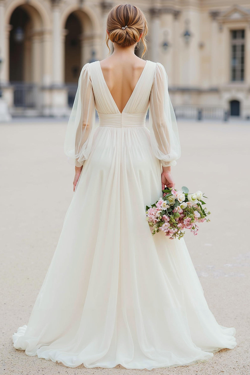 Ivory V-Neck A Line Long Sleeve Wedding Dress