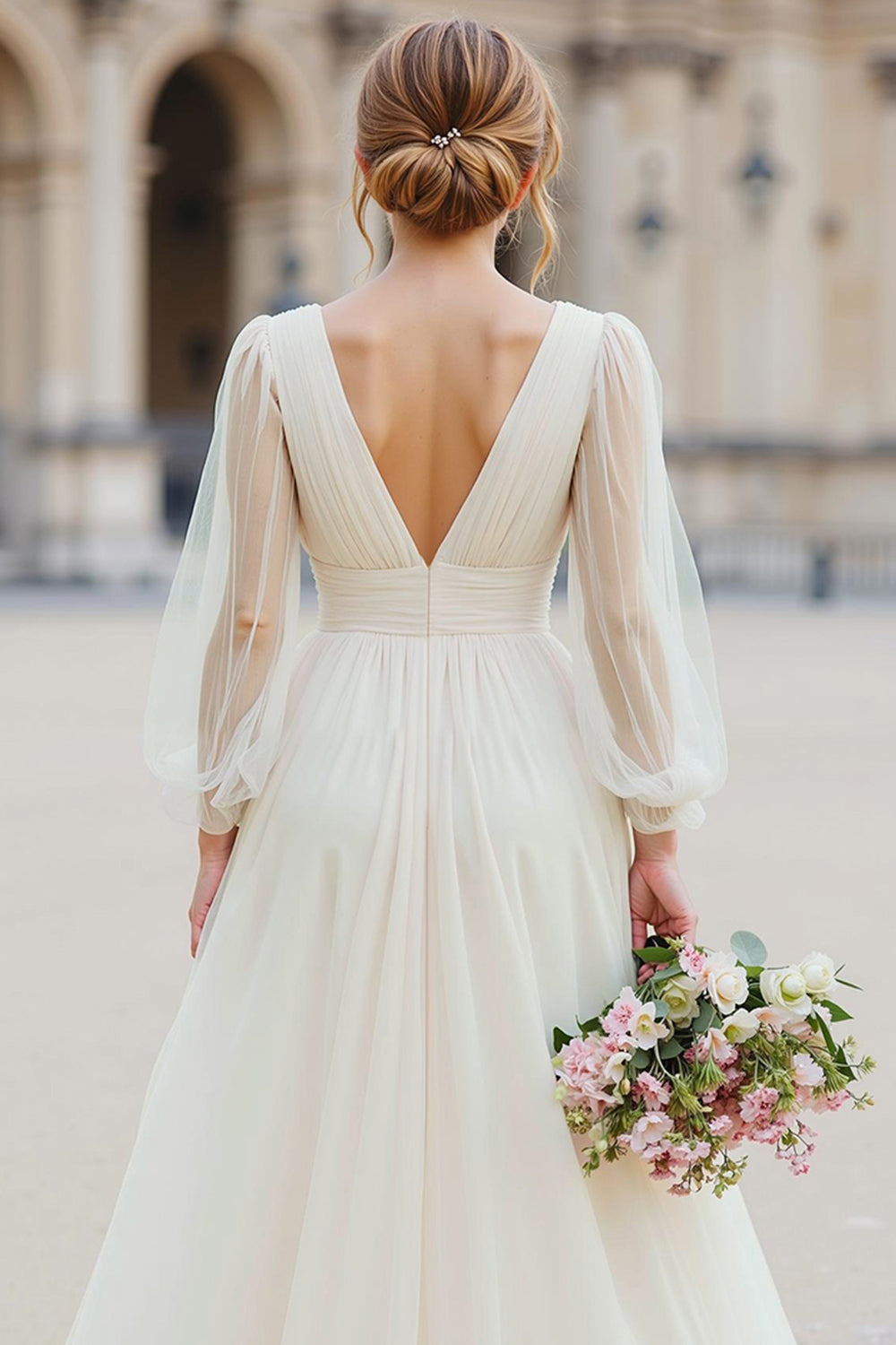 Ivory V-Neck A Line Long Sleeve Wedding Dress