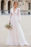 Ivory V-Neck A Line Long Sleeve Wedding Dress