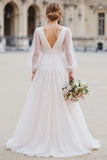 Ivory V-Neck A Line Long Sleeve Wedding Dress