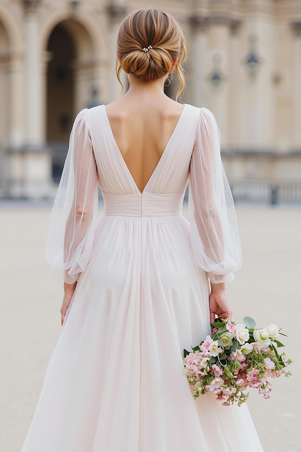 Ivory V-Neck A Line Long Sleeve Wedding Dress