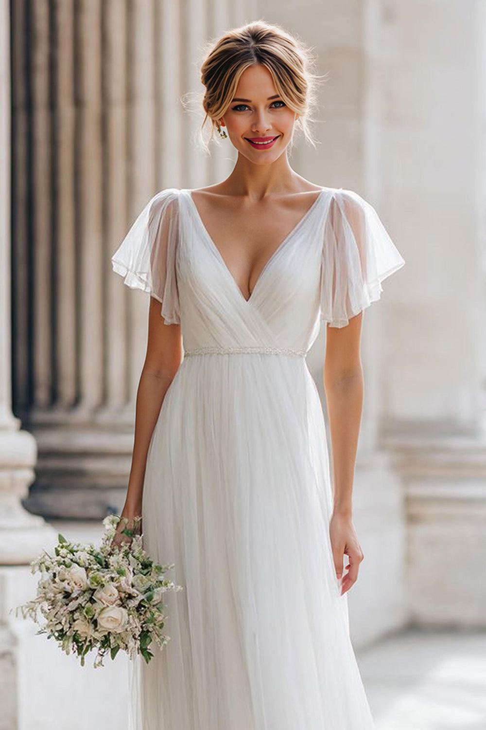 Ivory V-Neck A Line Short Sleeve Wedding Dress
