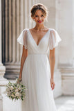Ivory V-Neck A Line Short Sleeve Wedding Dress