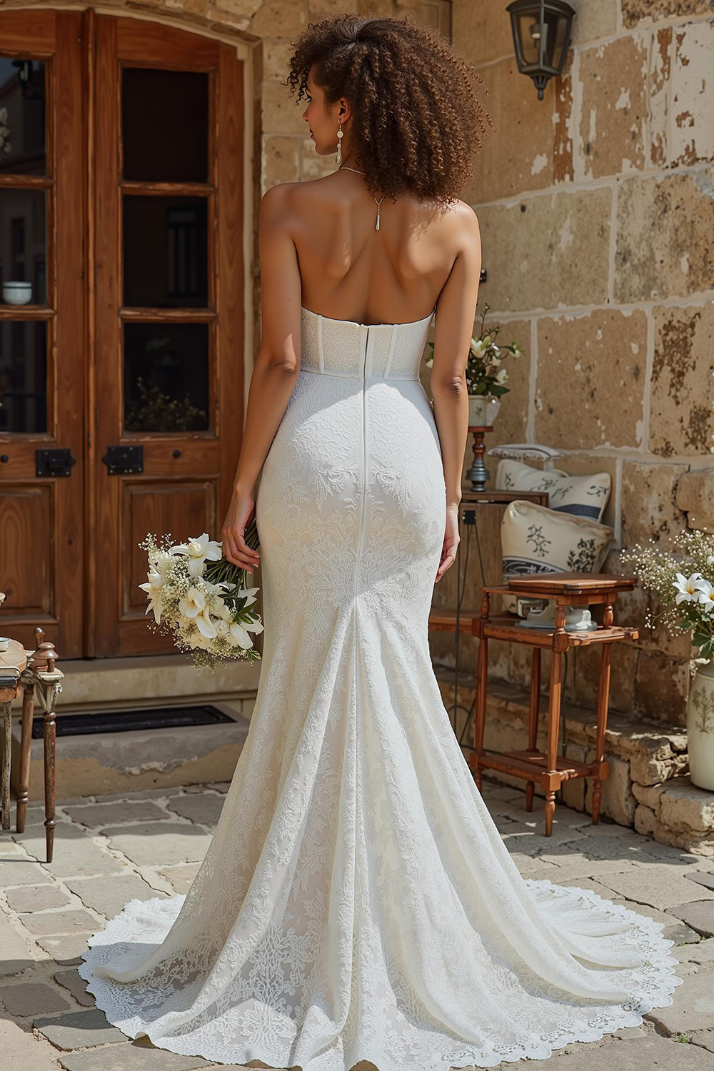 Ivory Strapless Mermaid Lace Court Train Wedding Dress