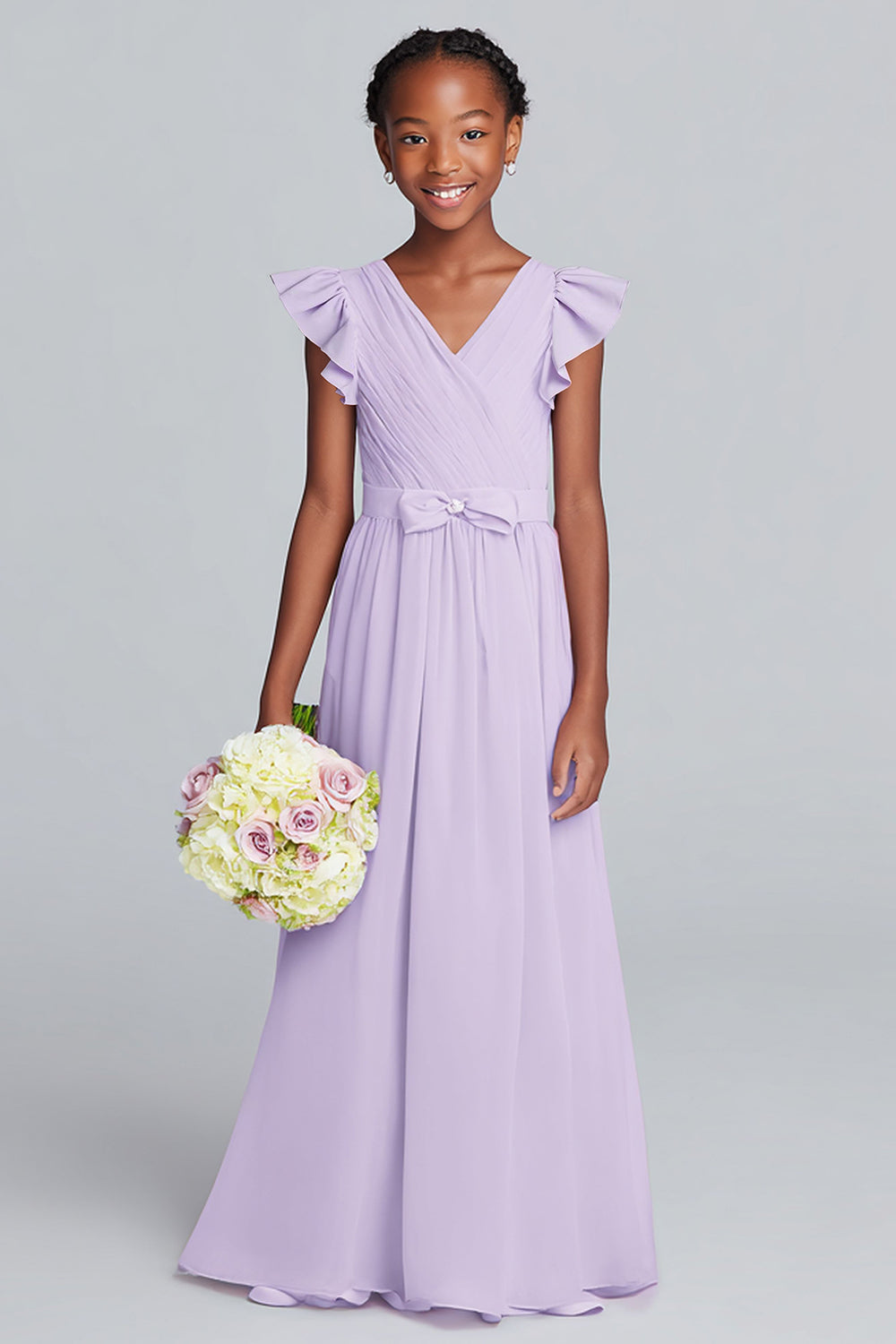 Lilac V-Neck A-Line Chiffon Long Junior Bridesmaid Dress with Ruffles