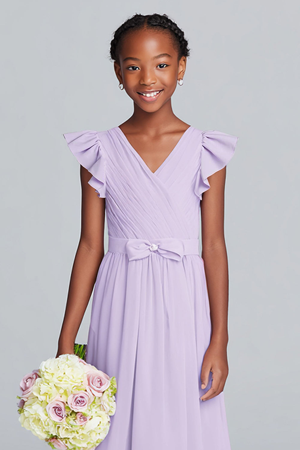 Lilac V-Neck A-Line Chiffon Long Junior Bridesmaid Dress with Ruffles
