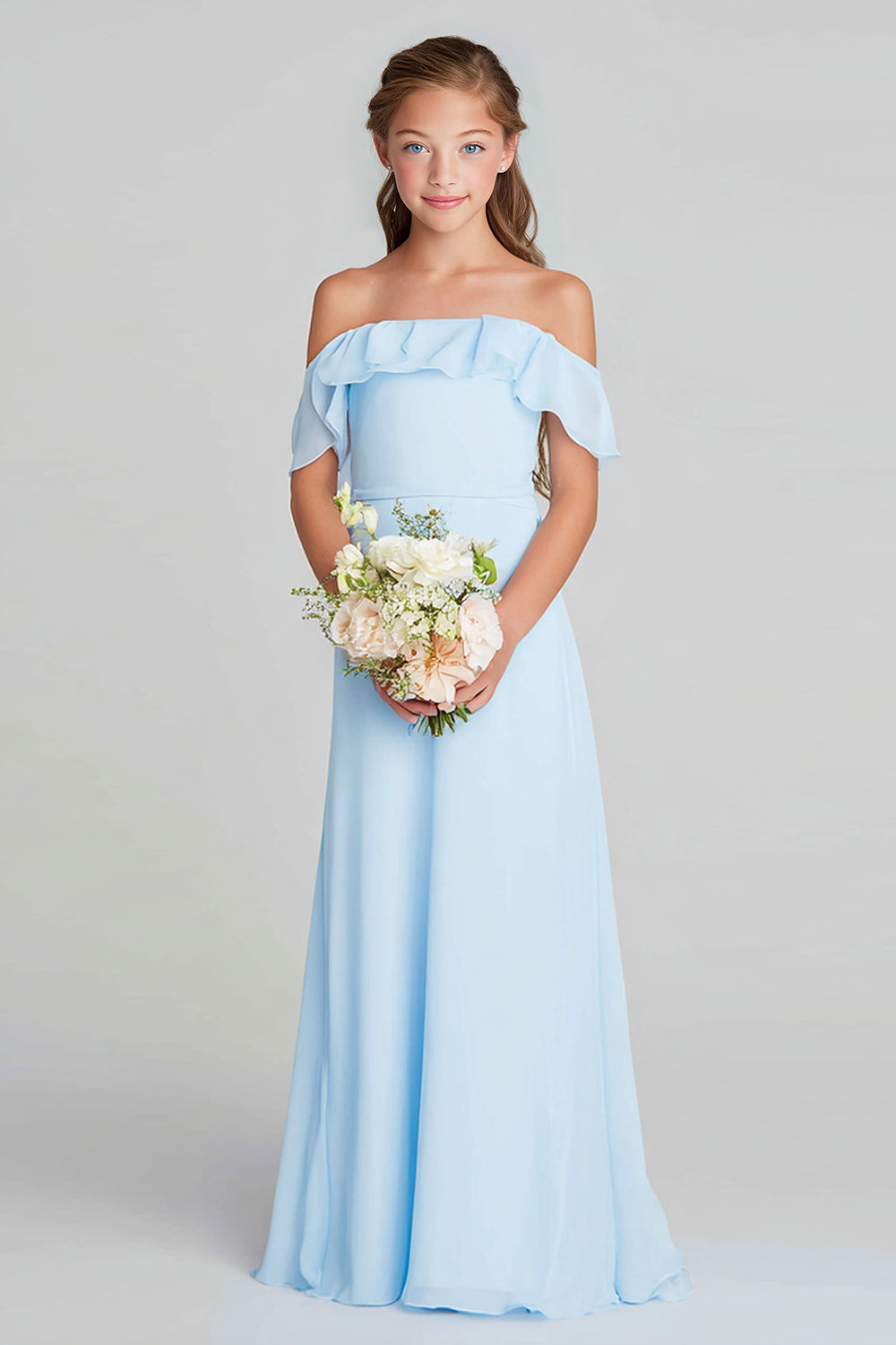 Sky Blue Off the Shoulder Chiffon A-Line  Long Junior Bridesmaid Dress