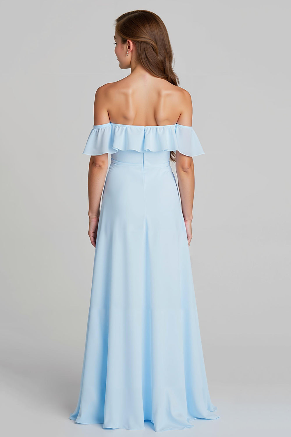 Sky Blue Off the Shoulder Chiffon A-Line  Long Junior Bridesmaid Dress