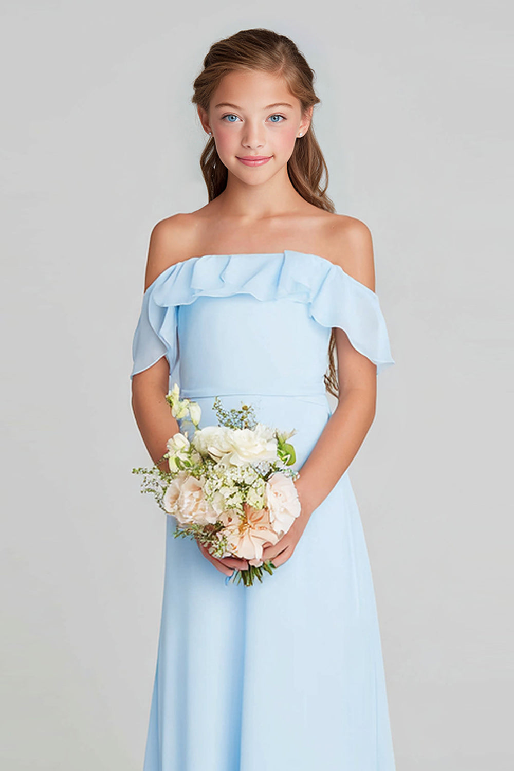 Sky Blue Off the Shoulder Chiffon A-Line  Long Junior Bridesmaid Dress