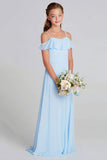 Sky Blue Chiffon A-Line Cold Shoulder Long Junior Bridesmaid Dress