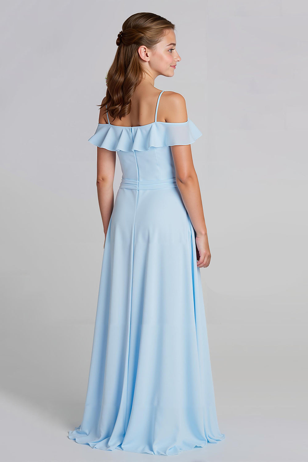 Sky Blue Chiffon A-Line Cold Shoulder Long Junior Bridesmaid Dress
