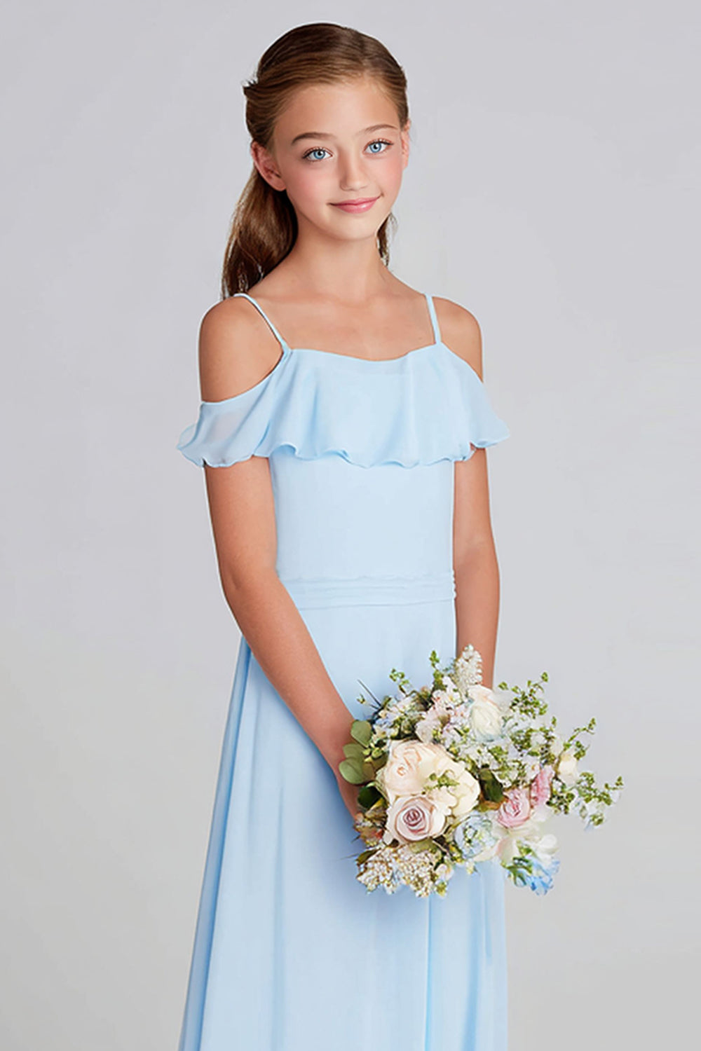 Sky Blue Chiffon A-Line Cold Shoulder Long Junior Bridesmaid Dress