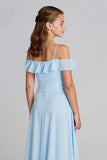 Sky Blue Chiffon A-Line Cold Shoulder Long Junior Bridesmaid Dress