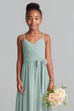 Matcha Spaghetti Straps Chiffon A-Line Long Junior Bridesmaid Dress