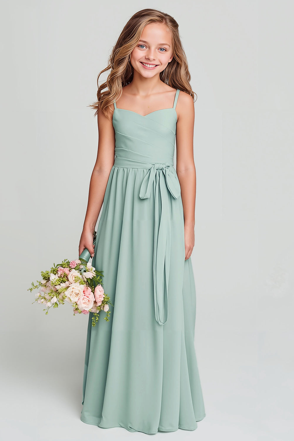 Matcha Spaghetti Straps Chiffon Ruched A-Line Long Junior Bridesmaid Dress